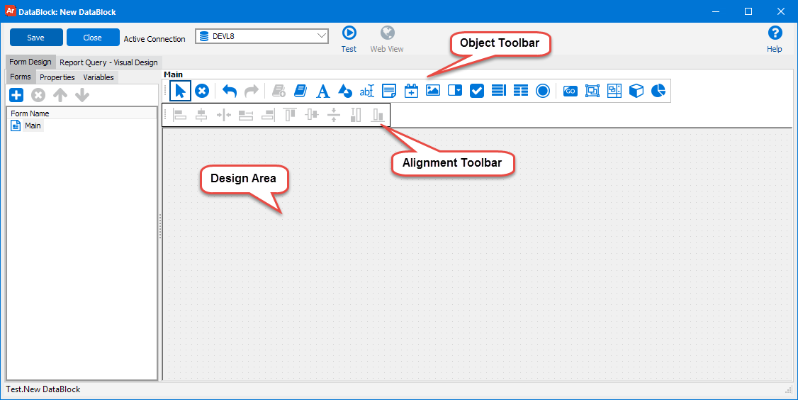 This image is the Edit DataBlock dialog that is used when editing a DataBlock.  An object toolbar and Alignment toolbar is shown, along with Form Design and Report Query tabs.